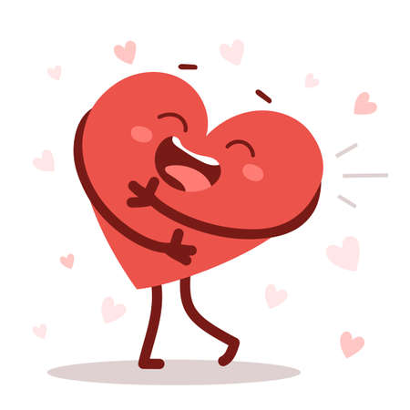 Vector red cute happy heart character hugs himself laughing on white background. Romantic flat style Valentine's Day illustration to share feeling of loveのイラスト素材