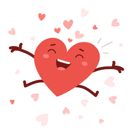 Vector red cute happy heart character jumping with arms spread wide and smile on white background. Romantic flat style Valentine's Day illustration to share feeling of loveのイラスト素材