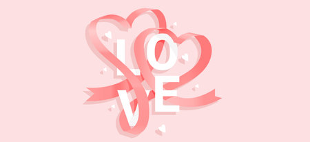 Vector romantic illustration of curly realistic heart ribbon with word love on pink background. Design for holiday Valentine's Day greeting card, banner, invitationのイラスト素材