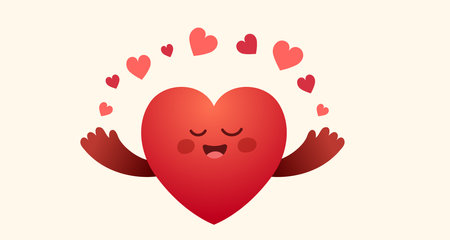 Vector cartoon cute happy heart character with hands with hearts on white backgroundのイラスト素材