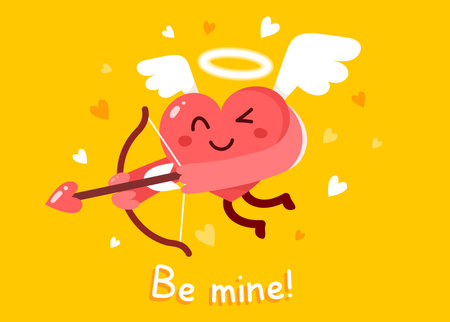 Vector cartoon cute happy holy heart cupid character with wings and nimbus flying with bow and arrow on yellow backgroundのイラスト素材