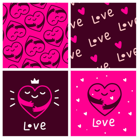 Vector set of cute happy heart character with hands hugging self and love pattern, world heart dayのイラスト素材