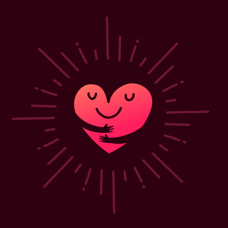 Vector red cute happy heart character with smile and hands hugging self on dark backgroundのイラスト素材