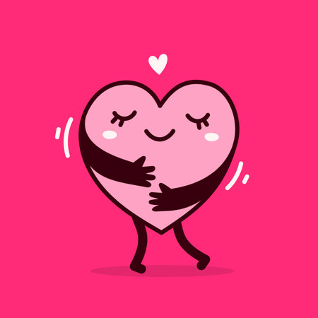 Vector pink cute happy heart character with hands hugging self on red backgroundのイラスト素材