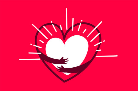 Vector red cute happy heart with hands hugging self on red background, world heart dayのイラスト素材
