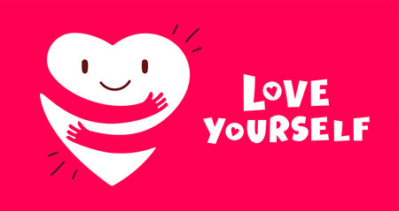 Vector cartoon cute happy heart character with smile and hands hugging self on red background with text love yourselfのイラスト素材