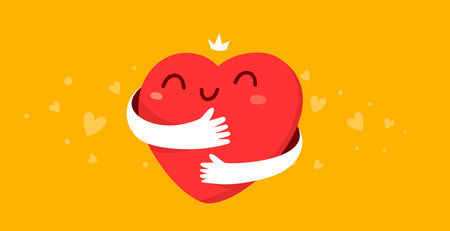 Vector cartoon cute happy heart character with smile and hands hugging self on yellow background, love yourselfのイラスト素材