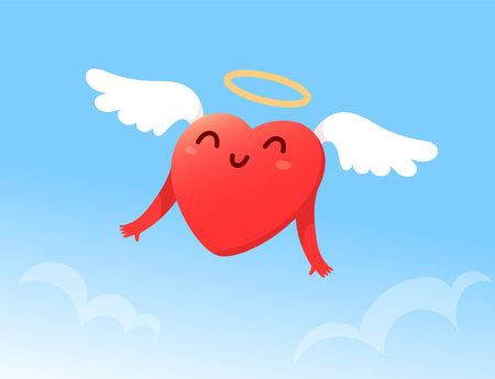 Vector cartoon cute happy holy heart character with wings and nimbus flying on blue skyのイラスト素材