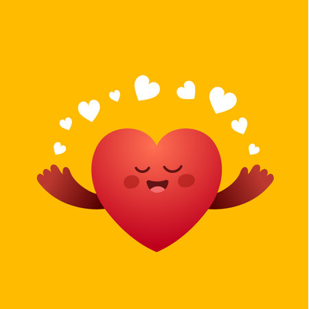 Vector cartoon cute happy heart character with hands with hearts on yellow backgroundのイラスト素材