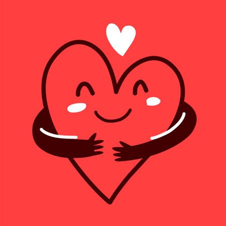 Vector red cute happy heart character with hands hugging self and smile on red background, world heart dayのイラスト素材