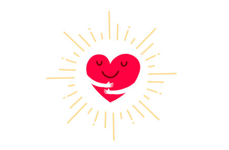 Vector red cute happy heart character with smile and hands hugging self on white background, world heart dayのイラスト素材