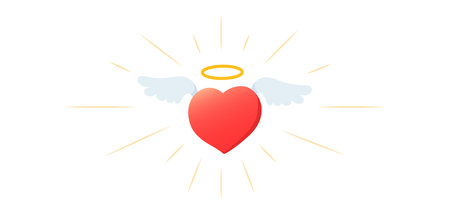 Vector cartoon cute holy red heart with wings and nimbus on white backgroundのイラスト素材