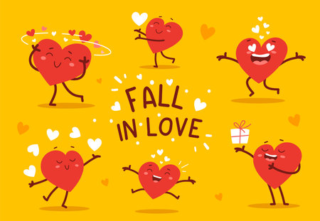 Vector set of red happy heart character in different poses with text on yellow background. Romantic flat style Valentine's Day illustrations to express feelings of loveのイラスト素材