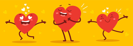 Vector set of red happy heart character in different poses on yellow background. Romantic flat style Valentine's Day illustrations to express feelings of loveのイラスト素材