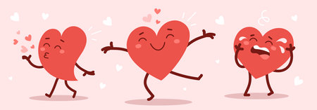 Vector set of red happy and cry heart character in different poses on pink background with heart. Romantic flat style Valentine's Day illustrations to express feelings of loveのイラスト素材