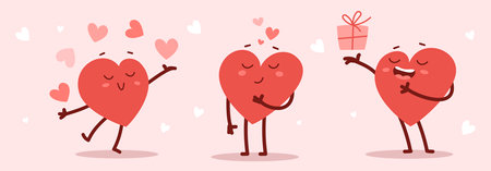 Vector set of red happy heart character in different poses on pink background. Romantic flat style Valentine's Day illustrations to express feelings of loveのイラスト素材