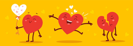 Vector set of red happy and sad heart character in different poses on yellow background. Romantic flat style Valentine's Day illustrations to express feelings of loveのイラスト素材