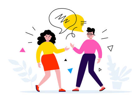 Vector business illustration of people communication, man and woman with speech bubble, flat styleのイラスト素材