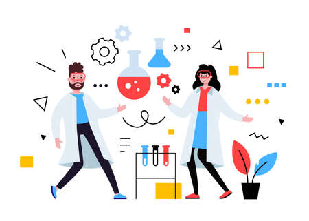 Vector business illustration of scientist people in white coat with lab service, team work in laboratory communication with flask, flat styleのイラスト素材