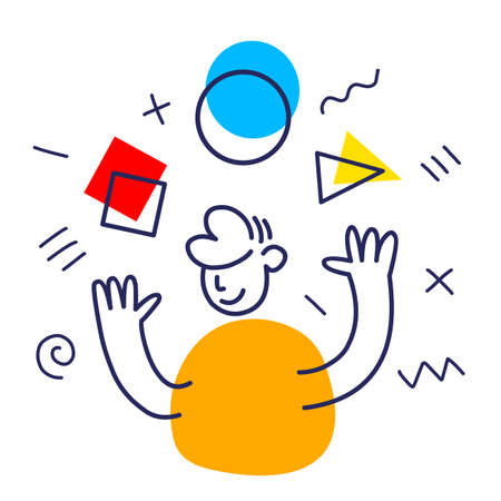 Vector business illustration of man juggling with colorful abstract shapes, flat line art styleのイラスト素材