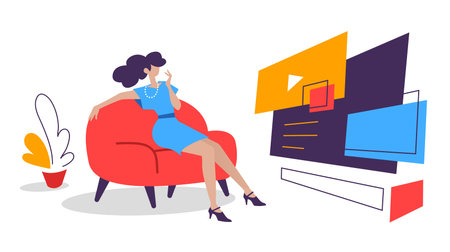 Vector illustration of woman sitting on the couch and watching tv, flat styleのイラスト素材