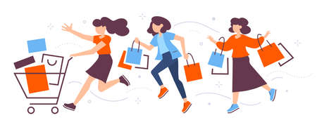 Vector illustration of running shopping people with shopping bags, flat style design of womanのイラスト素材