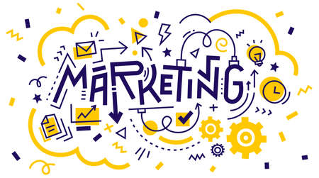 Vector business illustration of word marketing with icons on white background, flat line art styleのイラスト素材