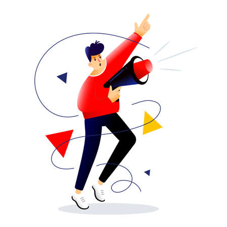 Vector business illustration of communication man with megaphone, bright flat style designのイラスト素材