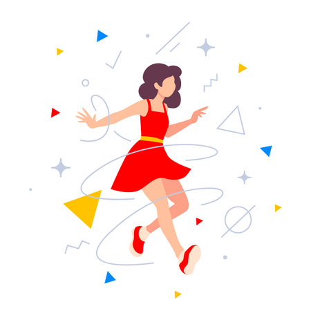 Vector illustration of active beautiful woman in red dress, flat style designのイラスト素材