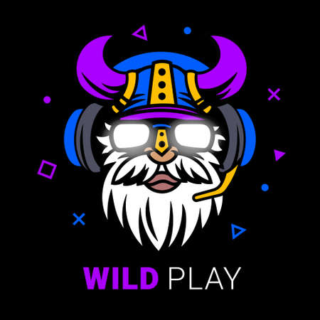 Vector viking man head with helmet and headphones on black background. Line art flat style design of user avatarのイラスト素材