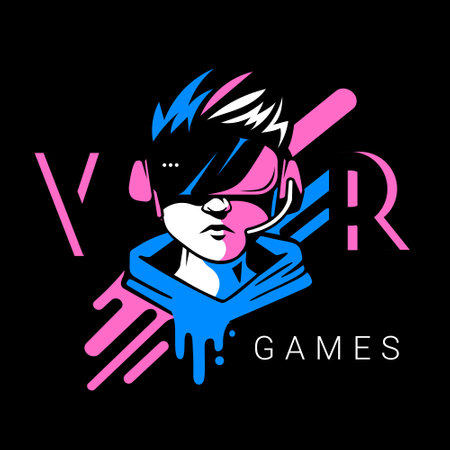 Vector man head with virtual reality helmet on black background with word. Line art flat style design of vr user avatarのイラスト素材