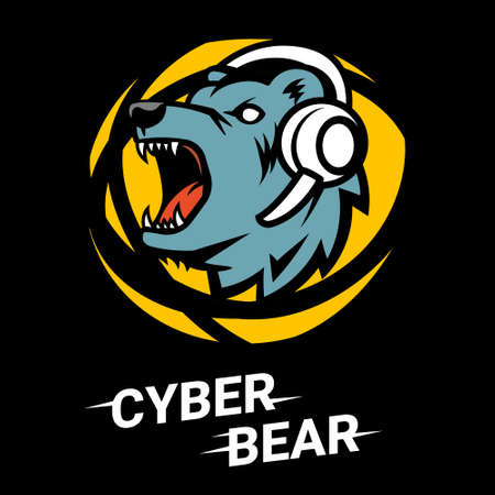 Vector bear head with headphones on black background. Line art flat style design of user avatarのイラスト素材