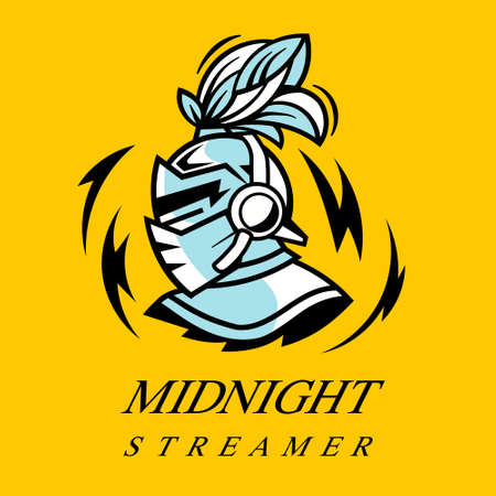 Vector knight head with headphones logo on yellow background. Line art flat style design of user avatarのイラスト素材