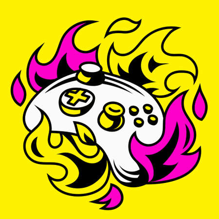 Vector game joystick with flame logo on yellow background. Line art flat style design of user avatarのイラスト素材