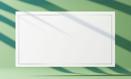 Blank business card on green background with shadow. 3d background for product presentation. Advertising empty placeの写真素材