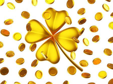 3d illustration of golden four leaf clover with falling golden coin on white background. Saint...