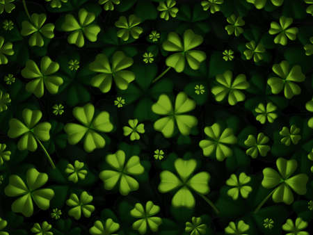 3d background with green four leaf clover on dark background. Saint Patricks Day pattern design for greeting card, banner, poster, paperの写真素材