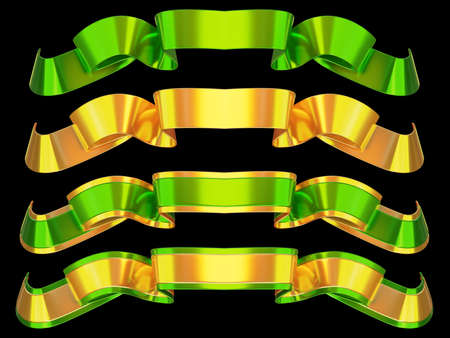 Set of 3d green and golden holiday ribbon on black background. Design for banner, poster, greeting cardの写真素材