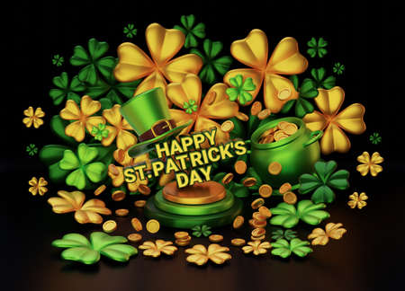 3d illustration of pot of gold, green leprechaun hat, four leaf clover with text and podium on black background with golden coin. Saint Patricks Day design for greeting card, banner, posterの写真素材