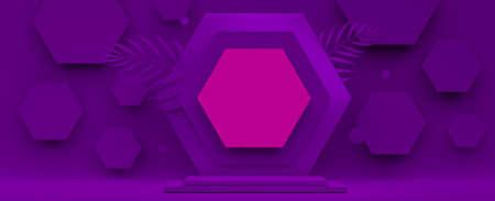 3d interior with podium, background for product presentation. Blank product stand purple color with palm tree leaf and hexagon. Advertising place with pedestal or platform for horizontal bannerの写真素材