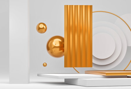 3d interior with podium, background for product presentation. Advertising place with pedestal or platform. Blank product stand white and golden color with ball and frameの写真素材