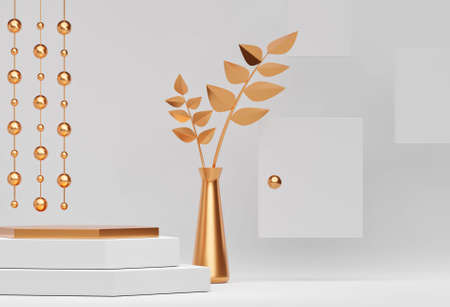 3d interior with podium, background for product presentation. Blank product stand white and golden color with ball and vase. Advertising place with pedestal or platformの写真素材