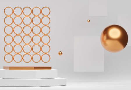 3d interior with podium, background for product presentation. Blank product stand white and golden color with ring and ball. Advertising place with pedestal or platformの写真素材