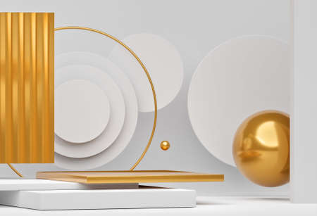 3d background for product presentation, interior with podium. Advertising place with pedestal or platform. Blank product stand white and golden color with ball and frameの写真素材