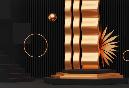3d background for product presentation, interior with podium. Blank product stand black and golden color with ring, wave and palm leaf. Advertising place with pedestal or platformの写真素材