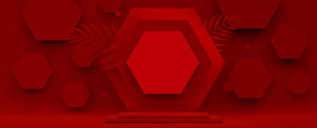 3d interior with podium, background for product presentation. Blank product stand red color with palm tree leaf and hexagon. Advertising place with pedestal or platform for horizontal bannerの写真素材