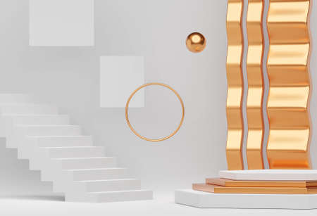 3d background for product presentation, interior with podium. Blank product stand white and golden color with ring, wave and stairs. Advertising place with pedestal or platformの写真素材