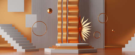 3d horizontal background for product presentation, interior with podium. Blank product stand white and golden color with ring, wave, stairs and palm leaf. Advertising place with pedestal or platformの写真素材