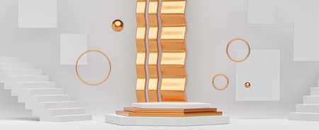 3d horizontal background for product presentation, interior with podium. Blank product stand white and golden color with ring, wave and stairs. Advertising place with pedestal or platformの写真素材