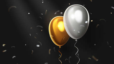 Happy birthday horizontal illustration with 3d realistic golden and silver air balloon on black background with confetti. Holiday design for greeting card, party poster, invitation, bannerの写真素材